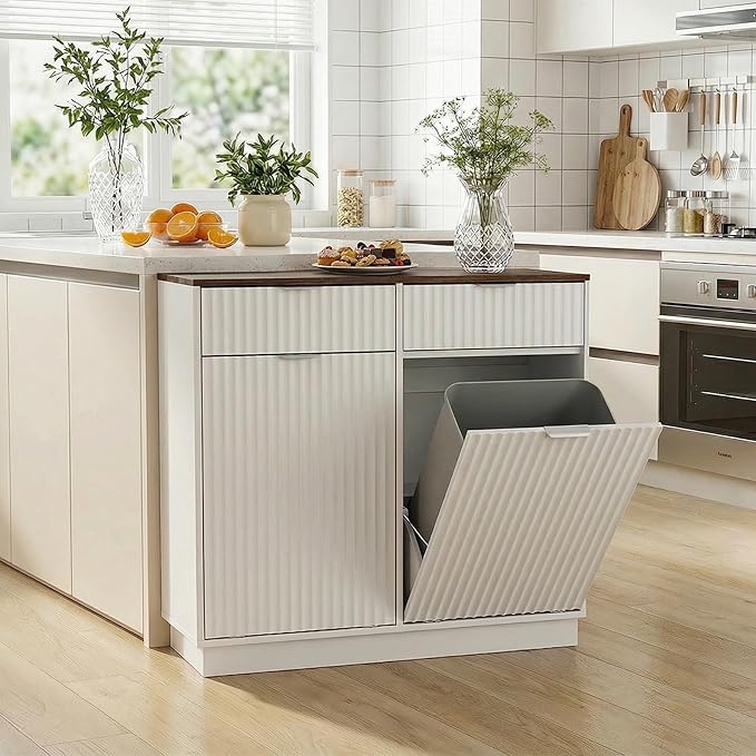 Double Tilt-Out Trash Cabinet, Laundry Hamper Cabinet with 2 Drawers, 39.4W x 34.3H x 13.8D inches, Walnut+White, Wave-Textured Front.