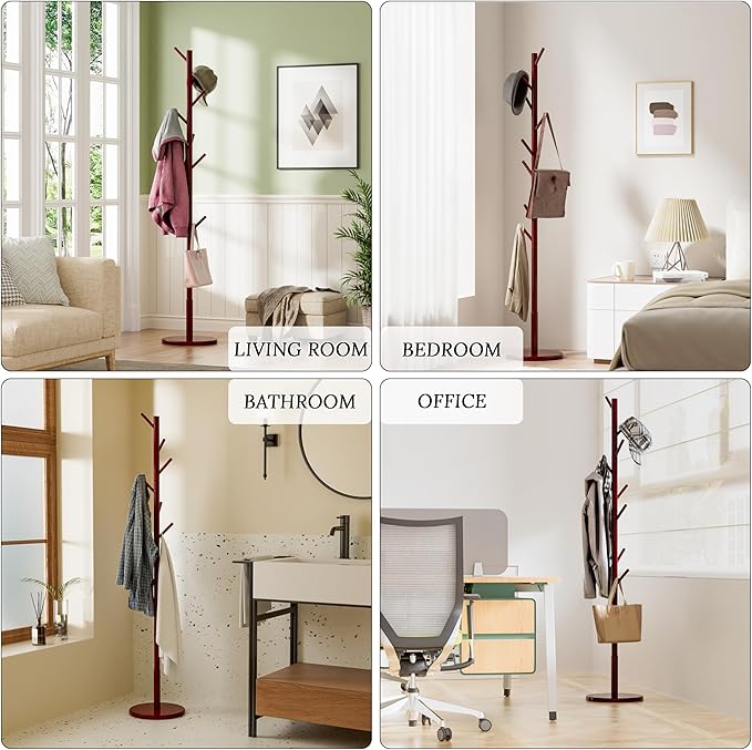 Wooden Freestanding Coat Tree with 4 Height Options and 9 Hooks, Sturdy Coat Rack Stand for Clothes/Bags/Hats, Easy Assemble Save Space Coat Rack for Entryway, Bedroom, Office, Narrow Place (Brown)
