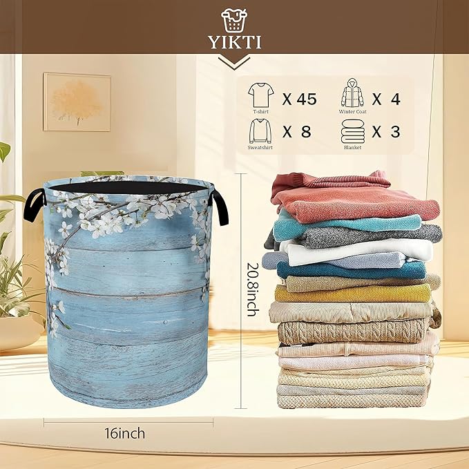 Spring Flowers Laundry Hamper,Rustic Blue Woodboard Clothes Hamper for Laundry,Waterproof Oxford Toy Storage Collapsible Hampers for Bedroom, Dorm Room,Bathroom,16x20 Inch