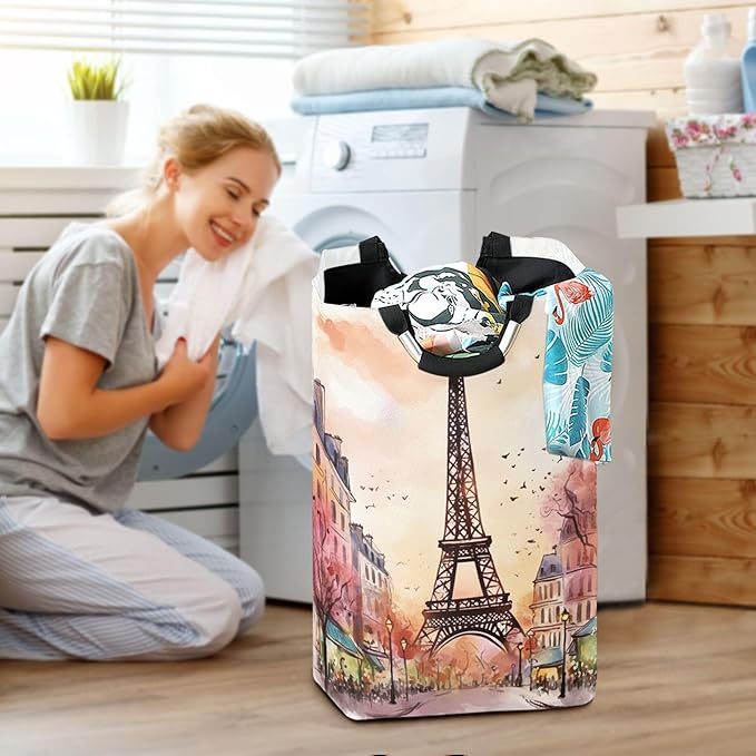 xigua Watercolor Paris Large Laundry Hamper with Handle, Foldable Clothes Hamper Collapsible Storage Basket for Toys and Clothes Organization in Bedroom, Bathroom, and Laundry Room