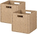 Woven Wicker Storage Baskets 2-Pack, 11x11 Handwoven Paper Rope Organizer Bins, Foldable Cube Storage Cubes with Built-in Handles for Shelves and Closet Organization(Natural Beige)