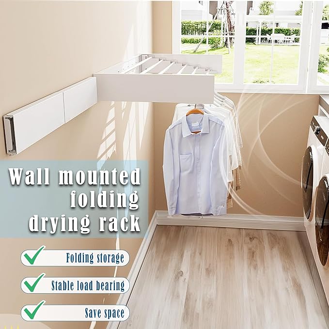 Sleclean Wall Mounted Drying Rack, Clothes Drying Rack, Collapsible Drying Racks for Laundry, Wall Mounted Clothes Rack (White, 40")
