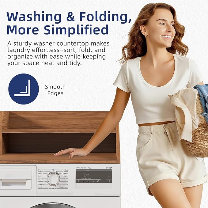 2 Tiers Washer Dryer Countertop, 54" Width x 27.5" Depth Laundry Countertop Organization, Wooden Washer and Dryer Topper for Folding, Sorting & Ironing, Easy to Install, Walnut