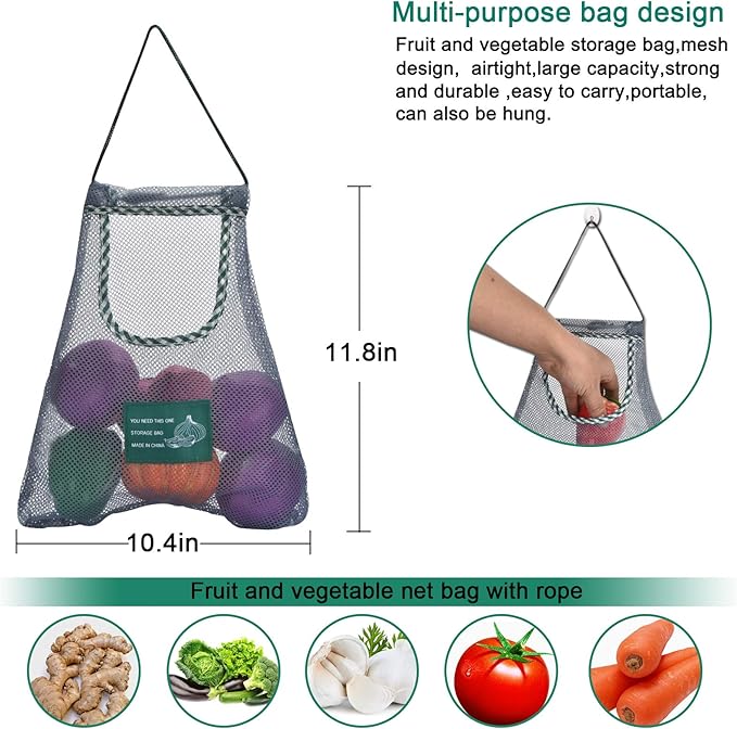 3PCS Reusable Mesh Bag, Portable Produce Bags, Washable Hanging Storage Bags, Organizer Shopping Handbag for Fruit, Garlics, Onions, Potatoes