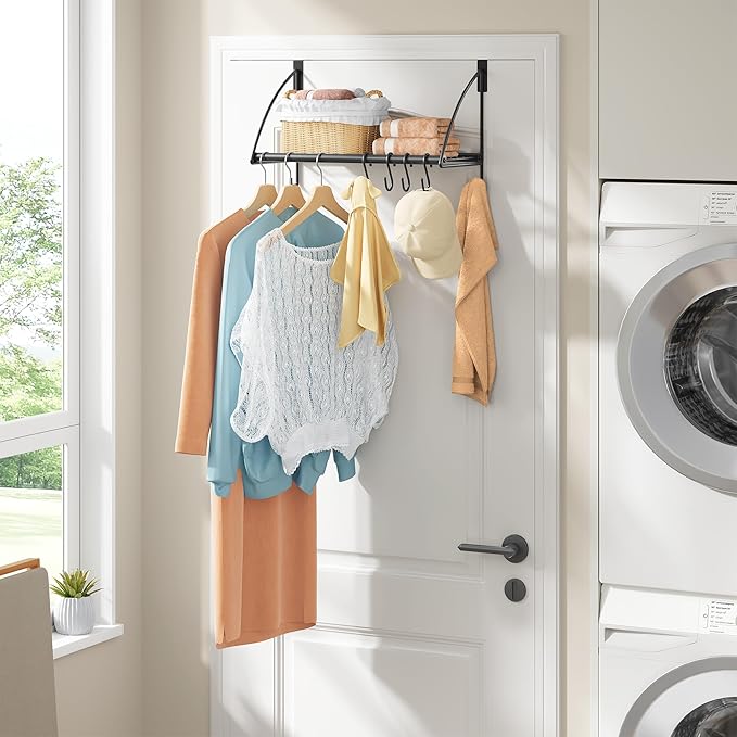 Tajsoon Over The Door Hanger with Storage Rack and 6 Hooks, Over The Door Clothes Racks for Hanging Coat, Door Rack Hanger for Bathroom, Bedroom, Living Room, Black