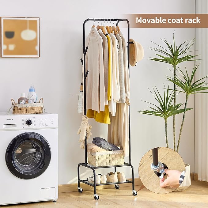 FILWH Rolling Coat Rack with Storage Shelf Freestanding Coat Rack Hall Tree with 6 Hooks for Entryway, Bedroom Metal Clothes Hanger Stand for Hats, Jackets, Bags,Shoes (Black, Double-layer)