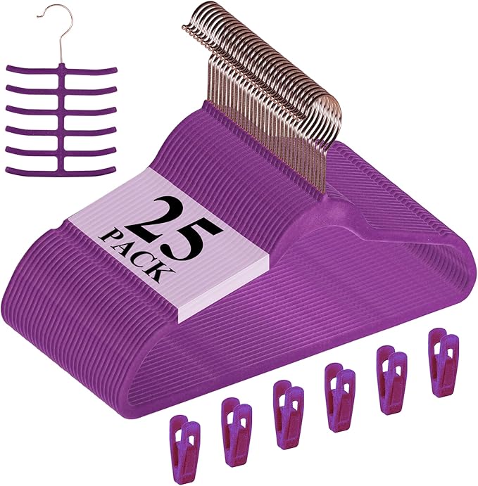 VECELO Premium Velvet Clothes Hangers Suit Heavy Duty (25 Pack)-Non Slip & Space-Saving with 6 Finger Clips & Tie Rack Excellent for Men and Women，Dark Purple
