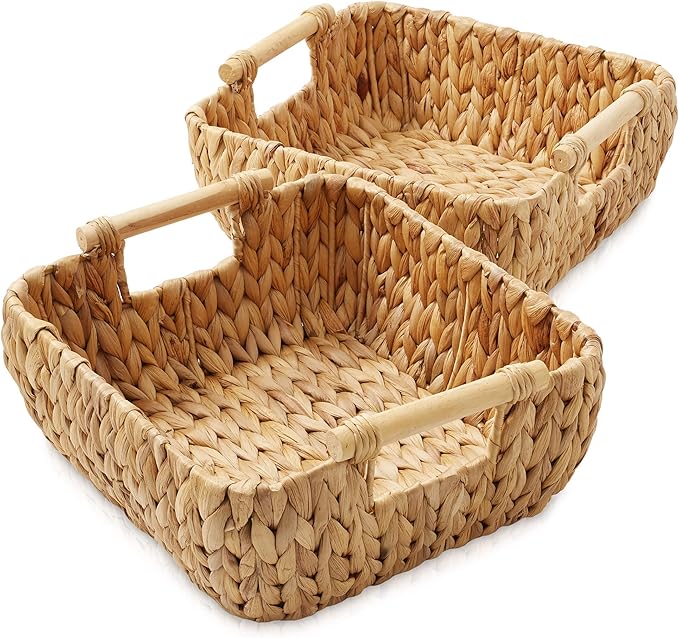 Casafield Set of 2 Water Hyacinth Oval Storage Baskets with Wooden Handles - Small, Woven Bin Organizers