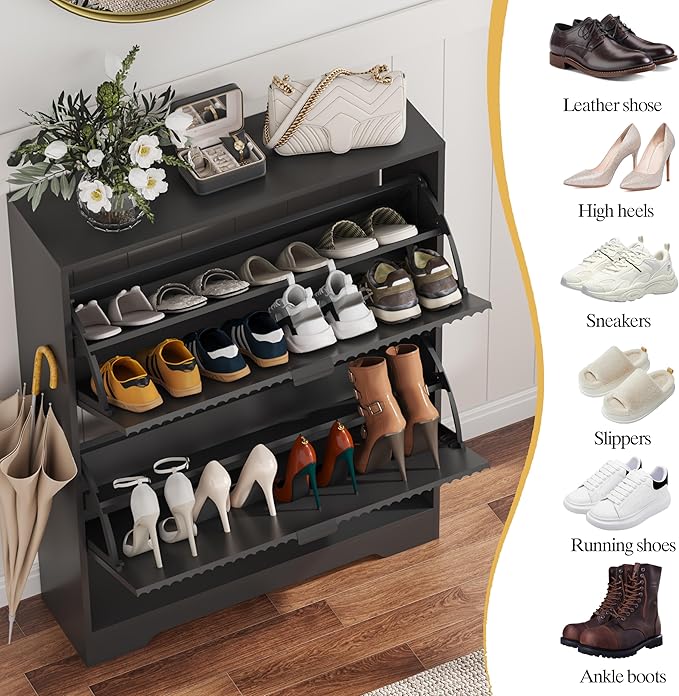 Shoe Cabinet Storage for Entryway with 2 Flip Drawers, Black Fluted Shoe Cabinet with Open Storage, Wooden Hidden Shoe Rack Freestanding Narrow Slim Shoes Organizer for Hallway, Entrance