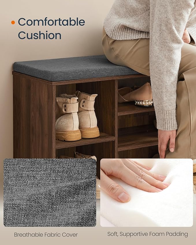 SONGMICS HOME Storage Bench, Superfast Toolless Assembly, 41" Wide Entryway Shoe Bench with Cushion & Adjustable Shelves, Shoe Rack Cabinet, Natural Walnut and Slate Gray ULHS391KE04S
