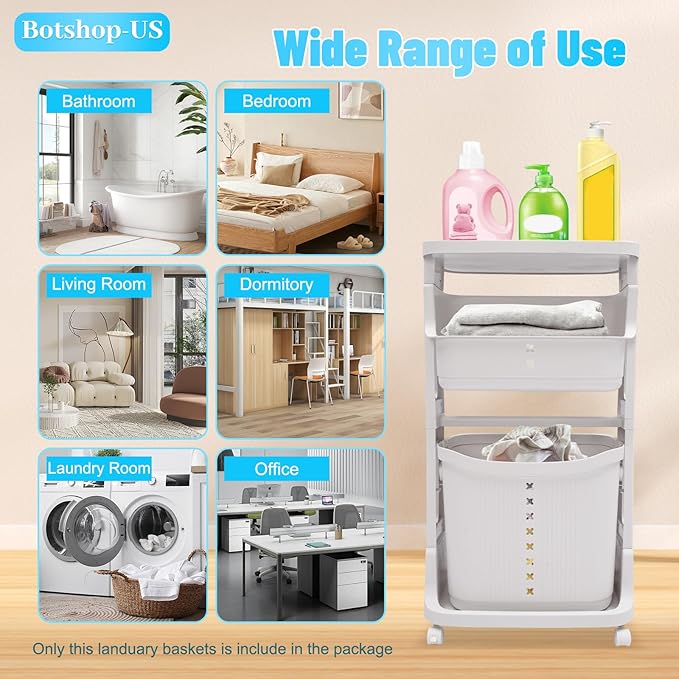 Laundry Hamper Basket, 2-Tier 3 Baskets Removable Basket Cart with Wheel, Dirty Clothes Storage Organizer Shelf, Plastic Stackable Washing Clothes Sorter for Bathroom, White