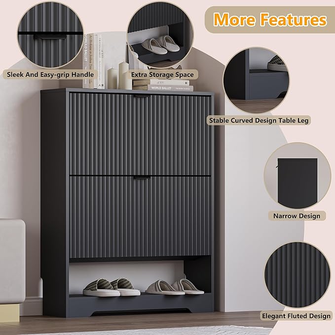Shoe Cabinet with 2 Flip Drawers, Fluted Shoe Storage Cabinet with Adjustable Shelves, Freestanding Rack and Organizer for Entryway, Closet, Hallway