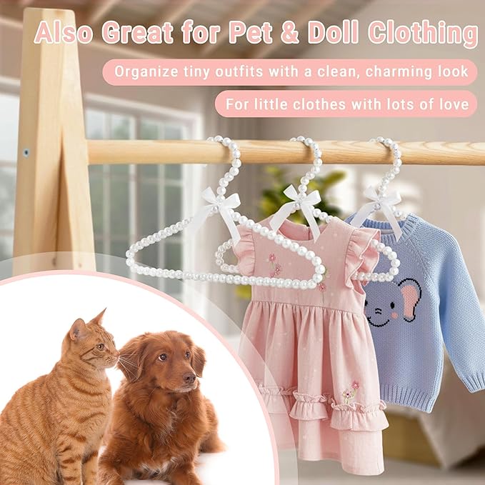 10-Pack Kids Pearl Hangers - Small Non-Slip Pearl Beaded Bow Clothes Racks - Elegant Garment Organizer for Pet Apparel (30cm, White)