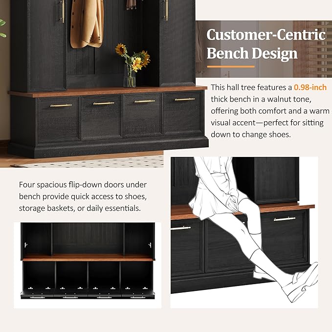 Versatile Hall Tree with Golden Hooks and 2 Doors, 5-in-1 Wood Coat Rack Entryway Shoe Cabinet with Bench& Adjustable Shelves, Functional 59'' Wide Hall Tree for Entrance Hallway (Black-8.2)