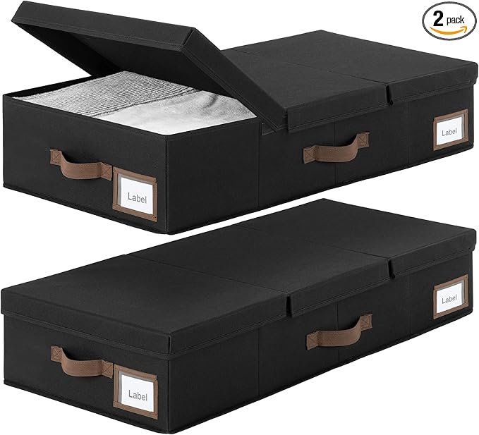 Cupic Cupid 6.5" Foldable Underbed Storage Box with Lid, 58L Standard Under Bed Storage Containers with Reinforced Bottom for Bedroom Closet Organization, Sturdy Clothes & Shoe Organizer,2 Pack,Black
