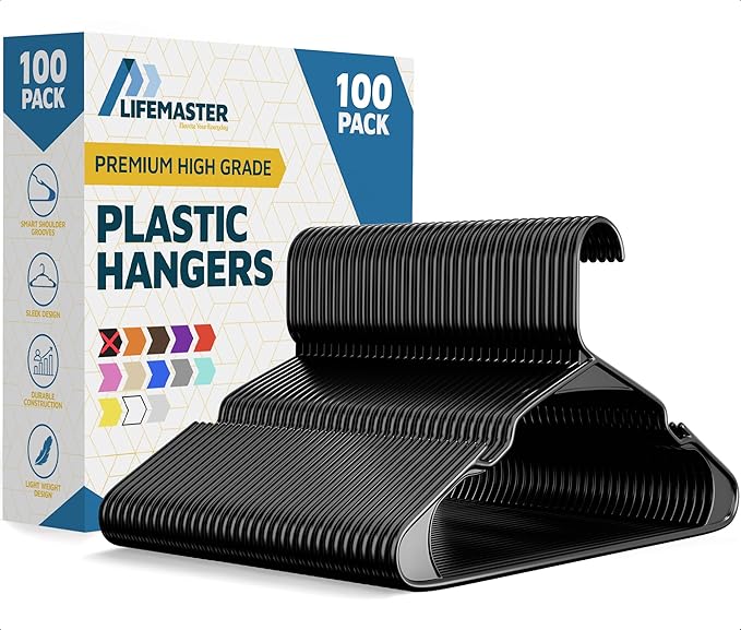 Lifemaster Plastic Clothes Hanger Set - 100 Pieces Versatile, Lightweight, Space-Saving, Non-Slip, Slim Designed, Dry and Wet Clothes Hanger Set - Black