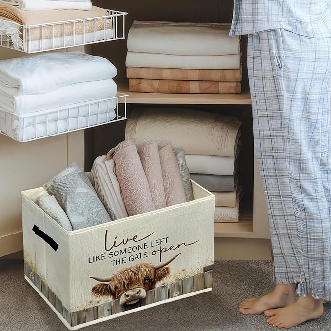 Highland Cow Storage Bins & Boxes with Handles, Western Highland Cow Foldable Basket for Organizing, Farmhouse Rustic Collapsible Storage Basket for Bedroom Room Bathroom Clothes Toys Books