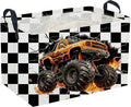 Sanjiaofeng Rectangular Monster Truck Basket for Kids,Baby Storage Bins with Handles for Car Decor,Racing Storage Bin,Cute Toy Storage Organizer for Boys and Girls,Car Room Decor(Racing flag)