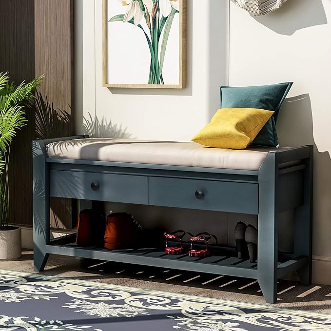Harper & Bright Designs TREXM Shoe Rack with Cushioned Seat and Drawers, Multipurpose Entryway Storage Bench (Antique Navy)