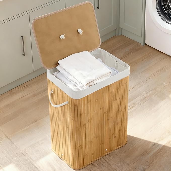 Bamboo Laundry Hamper Large 106L with Removable 4-Section Liner, Foldable Storage Basket with Lid and Handles for Bedroom, Laundry Room, Small Spaces – Natural - Rectangle
