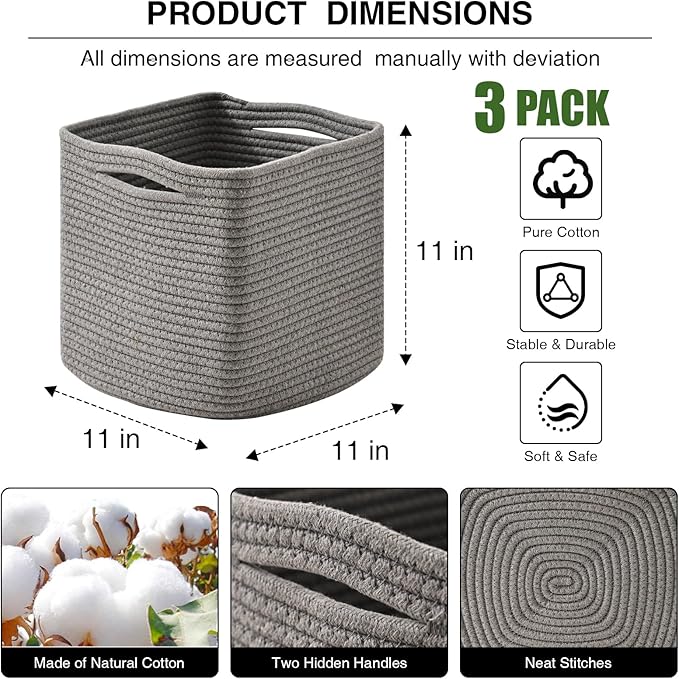 11 Inch Cube Storage Bins, 11x11 Organizer Bins for Cube Organizer, Square Cloth Storage Cubes, Woven Storage Baskets for Shelves, Toy Rope Baskets Storage Kids, Grey (Pack of 3)