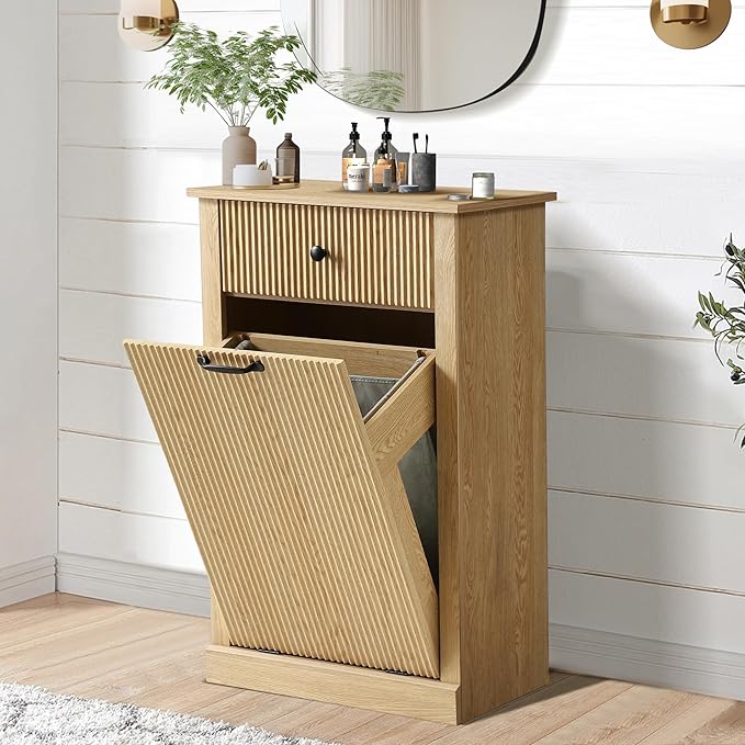 Modern Tilt Out Laundry Hamper Cabinet, Fluted Hidden Garbage Cabinet with Laundry Storage Basket, Wooden Trash Can Cabinets with Drawer (Natural Oak, 13"D x 21"W x 36"H (Single))