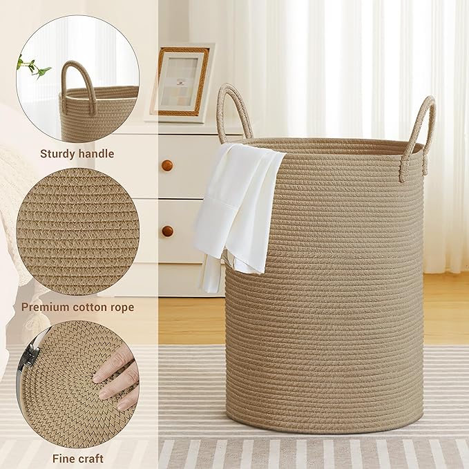Tall Laundry Basket with Handles, 72L Portable Dirty Clothes Hamper, Boho Cotton Rope Storage Bin for Blankets Kids Toys Gifts, Decorative Organizer for Baby Nursery Bedroom Bathroom, Jute
