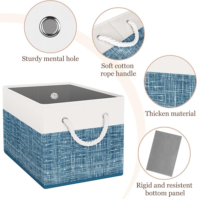Storage Bin,Collapsible Storage Basket For Organizing,Large Storage Boxes With Rope Handles,Storage Containers,White & Blue,2 Pack