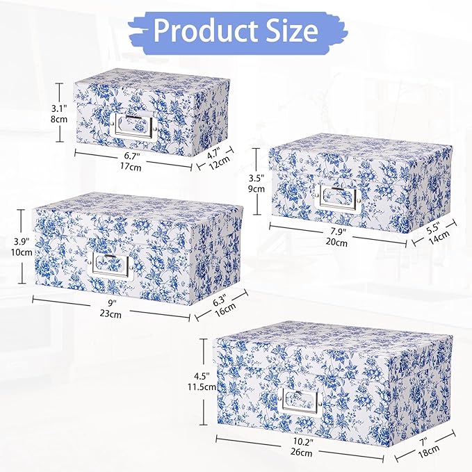 Briful Blue and white Porcelain Storage Boxes, Photos Storage Boxes with Lids 4 in 1 Set Water-proof Gift Boxes Sets Decorative Multiple Size Storage Bins for Clothes/Office/Christmas Decorations