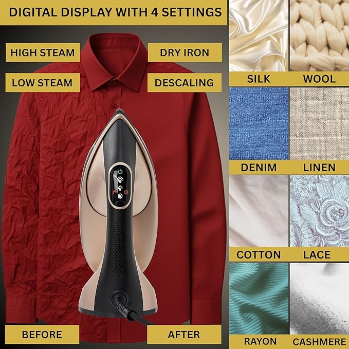 True & Tidy 2-in-1 Iron and Handheld Steamer, 1600W Dual Heating System with Ceramic-Coated Plate, LCD Display, No-Drip Technology, 3 Fabric Modes, Portable Garment Steamer for Home & Travel