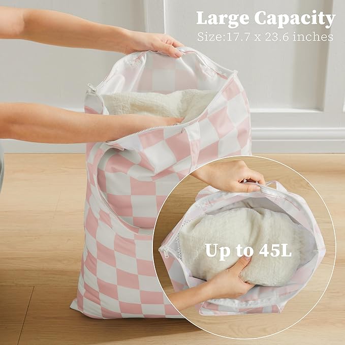 Pink Checkered 2 Pcs Large Travel Laundry Bags for Dirty Clothes, Aesthetic Trendy Waterproof Washable Laundry Bag with Handle for Girls Women, Travel, Gym, Swimming Pool