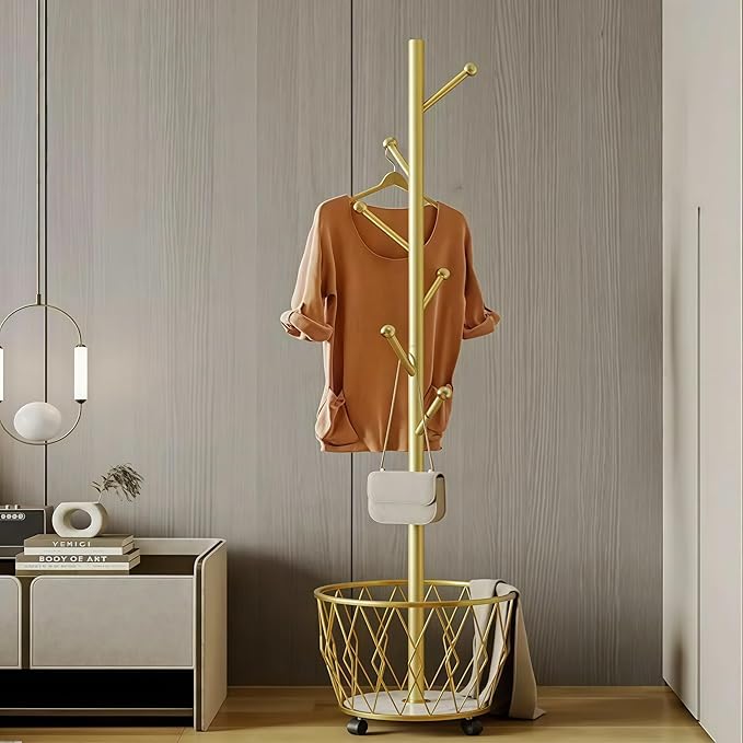 Freestanding Metal Coat Rack Stand with Basket Modern Organizer for Scarf Jacket Hat Bags Ideal for Home Entryway Bedroom Corner Stable and Moveable tree (gold)