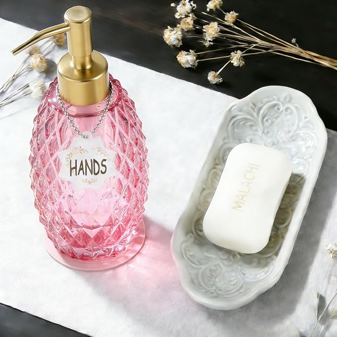 MALACHI Soap Dispenser Set, Crystal-Textured Diamond Glass with Rustproof Stainless Steel Pump, Dual-Labelled Hand & Dish Soap Dispenser for Kitchen & Bathroom