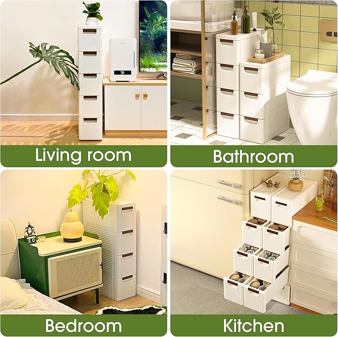 5 Drawers Narrow Storage Cabinet, Slim Bathroom Storage Cabinet, Plastic Rolling Cart Organizer for Small Spaces, Laundry, Office, Home, White