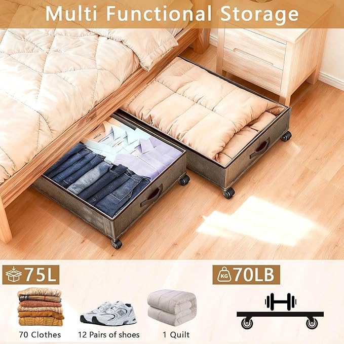 Under Bed Storage with Wheels, 2 Pack 75L Underbed Large Storage Bins with Lid, Adjustable Rolling Storage Containers for Clothes, Shoes, Blankets