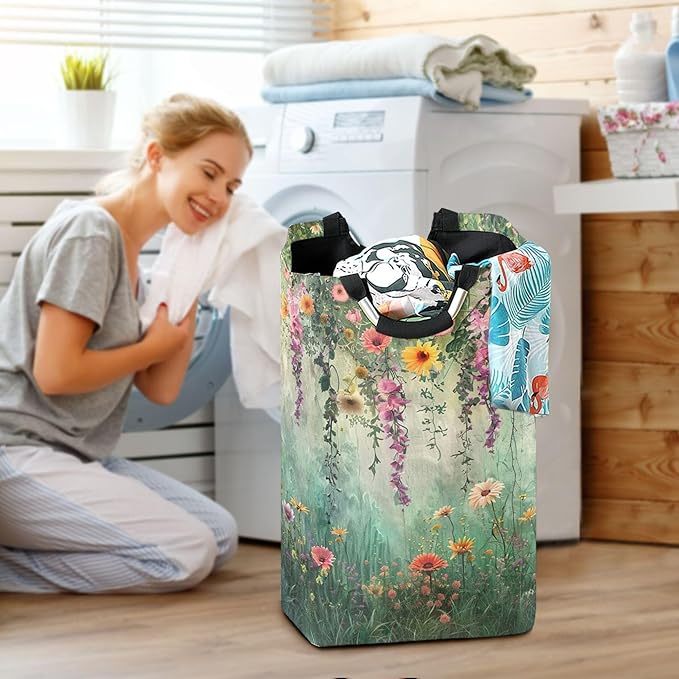 xigua Watercolor Pastel Flowers Large Laundry Hamper with Handle, Foldable Clothes Hamper Collapsible Storage Basket for Toys and Clothes Organization in Bedroom, Bathroom, and Laundry Room