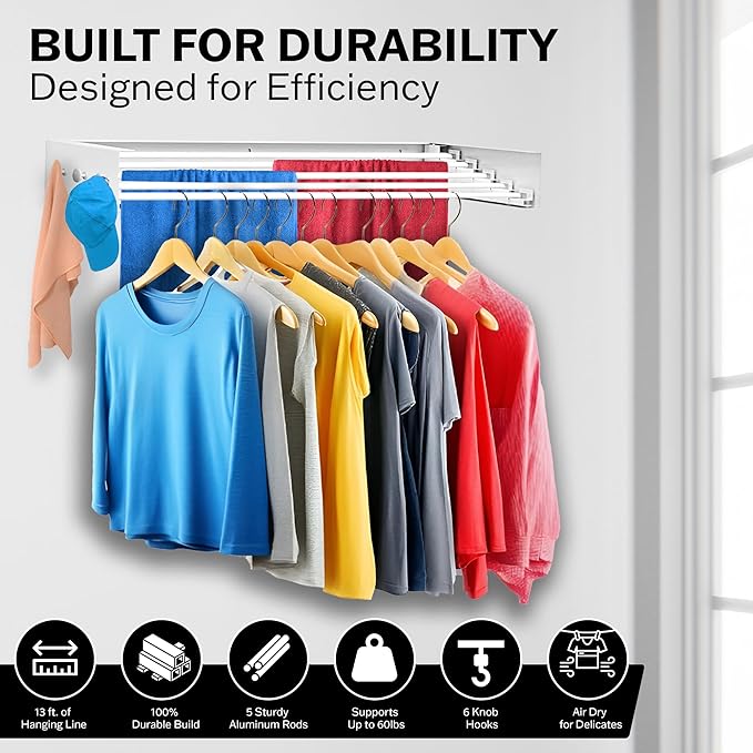Wall Mounted Drying Racks for Laundry (31.5 Inches Wide) – Retractable Clothes Drying Rack Wall Mounted with Carbon Steel Panel 6 Knobs & 5 Aluminium rods, Wall Drying Rack with Screws (White)