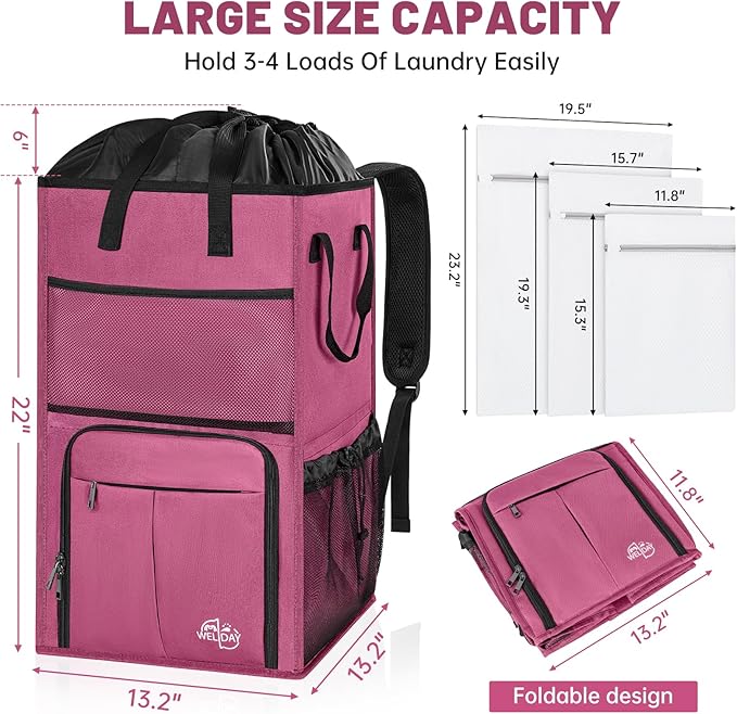95L Laundry Backpack Bag with 3 Sizes Mesh Wash Bags Empty, Extra Large 2 in 1 Laundry Hamper Basket with Shoulder Straps, Freestanding Laundry Bag for College Dorm, Laundromat, Apartment (Pink)