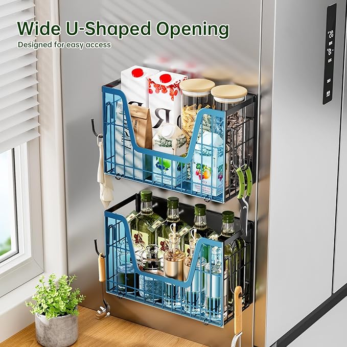 2 Pack Heavy Duty No Assembly Magnetic Basket, Large Capacity Collapsible Black Metal Wire Magnetic Shelf for Fridge Fruit Potato, Magnetic Laundry Organizer with S Hooks
