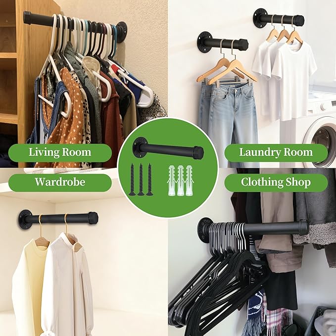 Industrial Pipe Clothes Hanging Rack 8 Inches Heavy Duty Metal Clothing Hanger Rack Wall Mounted Clothes Hanging Bar Small Closet Rods (2 Pack)