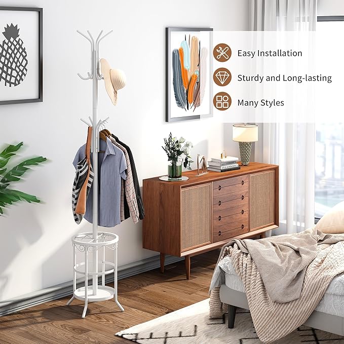 FILWH Coat Rack Freestanding with Umbrella Stand with 12 Hooks Metal Coat Tree Coat and Hat Hanger Jacket Entryway Coat Rack (White)