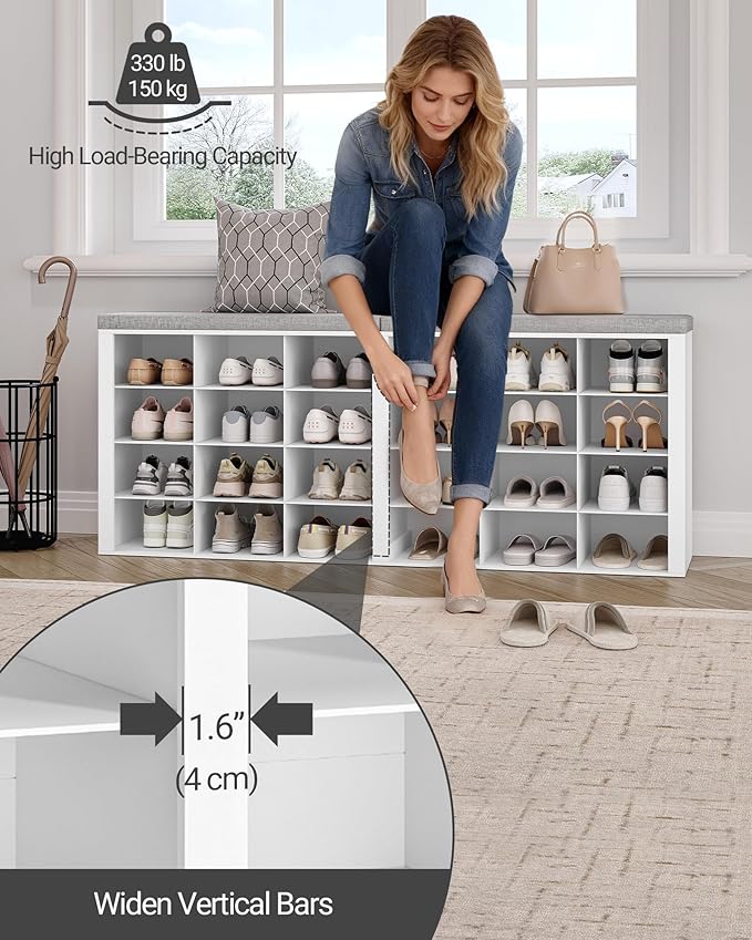 Shoe Storage Bench with Cushion, Entryway Storage Bench with 24 Cubbies, 9.5" Widened Organizer Cabinet, Long Cubby Rack for Living Room, Bedroom, Entryway, White SB32403GY