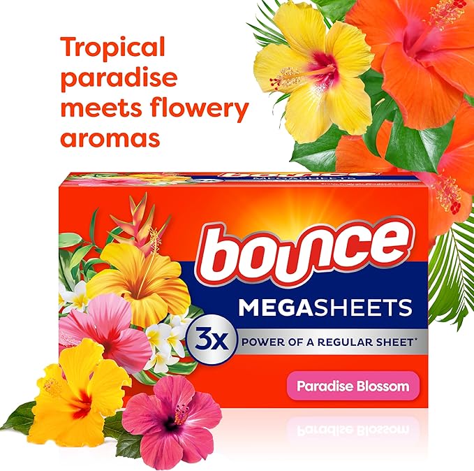 Bounce Mega Dryer Sheets, Paradise Blossom, 130 Count, Mega Fabric Softener Sheets with Static Control, Wrinkle Reduction, Extra Softness, Lasting Scent, Repels Lint