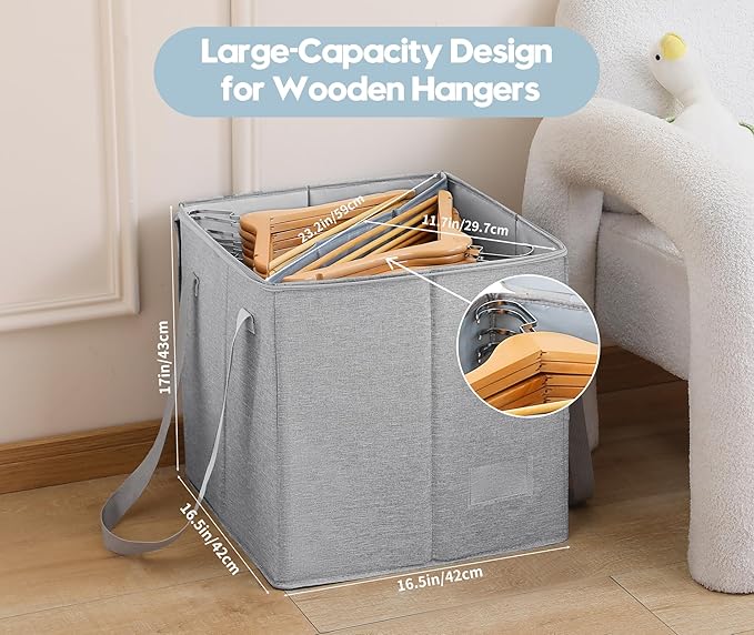 Qozary Clothes Hanger Organizer Bag-Rigid Hanger Storage Containers with Lid for Dustproof, Large Hanger Holder, Sturdy Caddy Organizer Box with Handle (Gray, Large Height 17 in for Wooden Hangers)