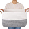 OIAHOMY Woven Storage Basket for Shelves, Rectangle Cotton Rope Baskets for Organizing, 16 x 12 x 10 in, Storage Bins for Dog Toys,Towel,Books,Gift,Grey and White