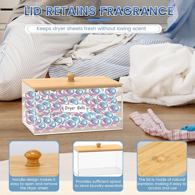 Acrylic Dryer Sheet Holder, Clear Dryer Sheet Container with Bamboo Lid and Labels, Dustproof Laundry Pods Container, Dryer Sheet Dispenser Box for Laundry Room Organization and Storage