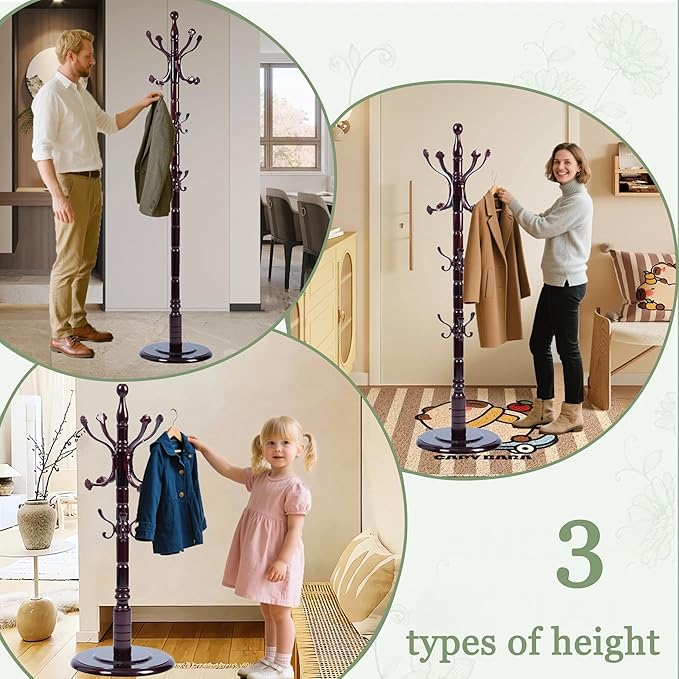 Coat Rack Freestanding,Solid Wooden Coat Rack Stand with 3 Height Options,14 Hooks, Natural Birch Coat Tree Easy to assemble for Clothes Jacket Hat bag Entryway (mahogany) (Fenghuang Gou)