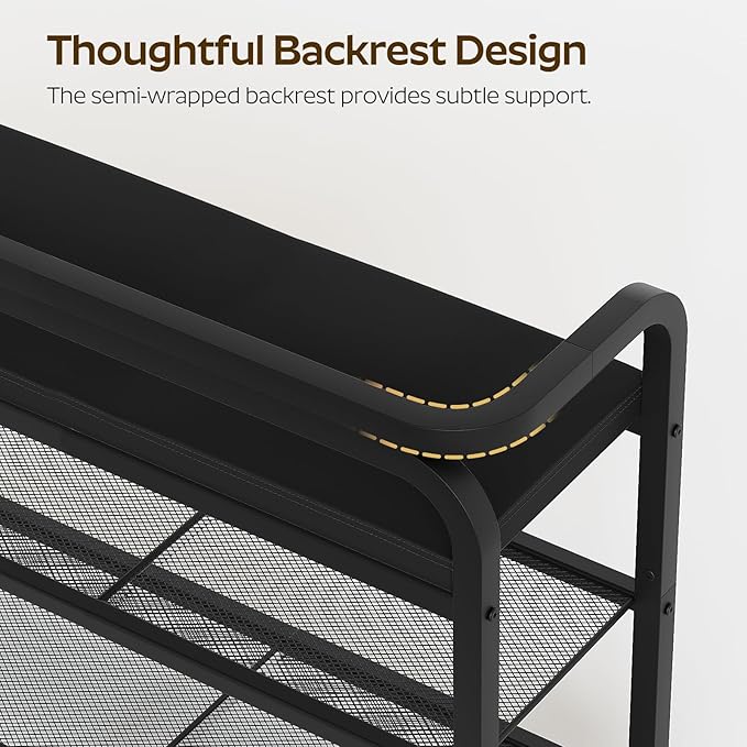 Shoe Bench with Backrest, Entryway Bench, 2-Tier Shoe Rack with PU Padded Seat, Upholstered Shoe Storage Bench with Back, for Hallway, Entryway, Foyer, Bedroom, Black HX14BB