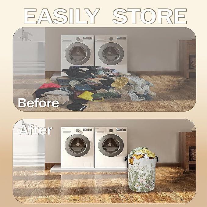 Laundry Hamper,Rustic Wild Flowers Laundry Basket,Spring Floral Portable Collapsible Laundry Room Organization Storage for Dorm Room,Nursery,Bathroom,Bedroom,16x20 Inch