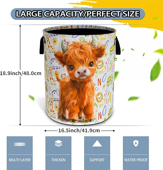 Cute Highland Cow Laundry Basket Calf Foldable Waterproof Oxford Cloth Funny Tote Bag Laundry Hamper Clothes Storage Bucket Toy Organizer For Bathroom/Laundry Storage/Bedroom 18.9x16.5 Inch